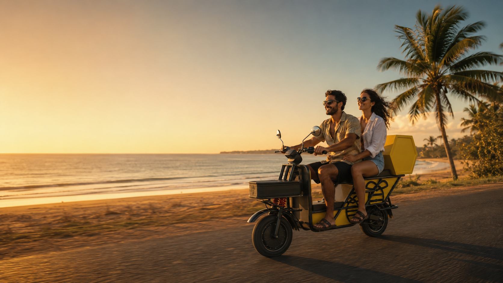 Two riders on a MyBee electric motorcycle along a Gambian beach road at sunset